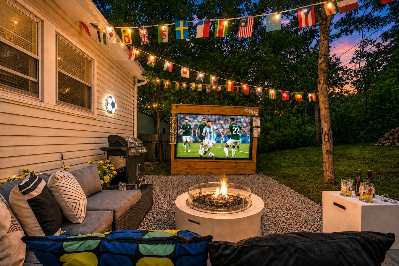 Outdoor Cinema, Fire Pit, Grill & Board Games