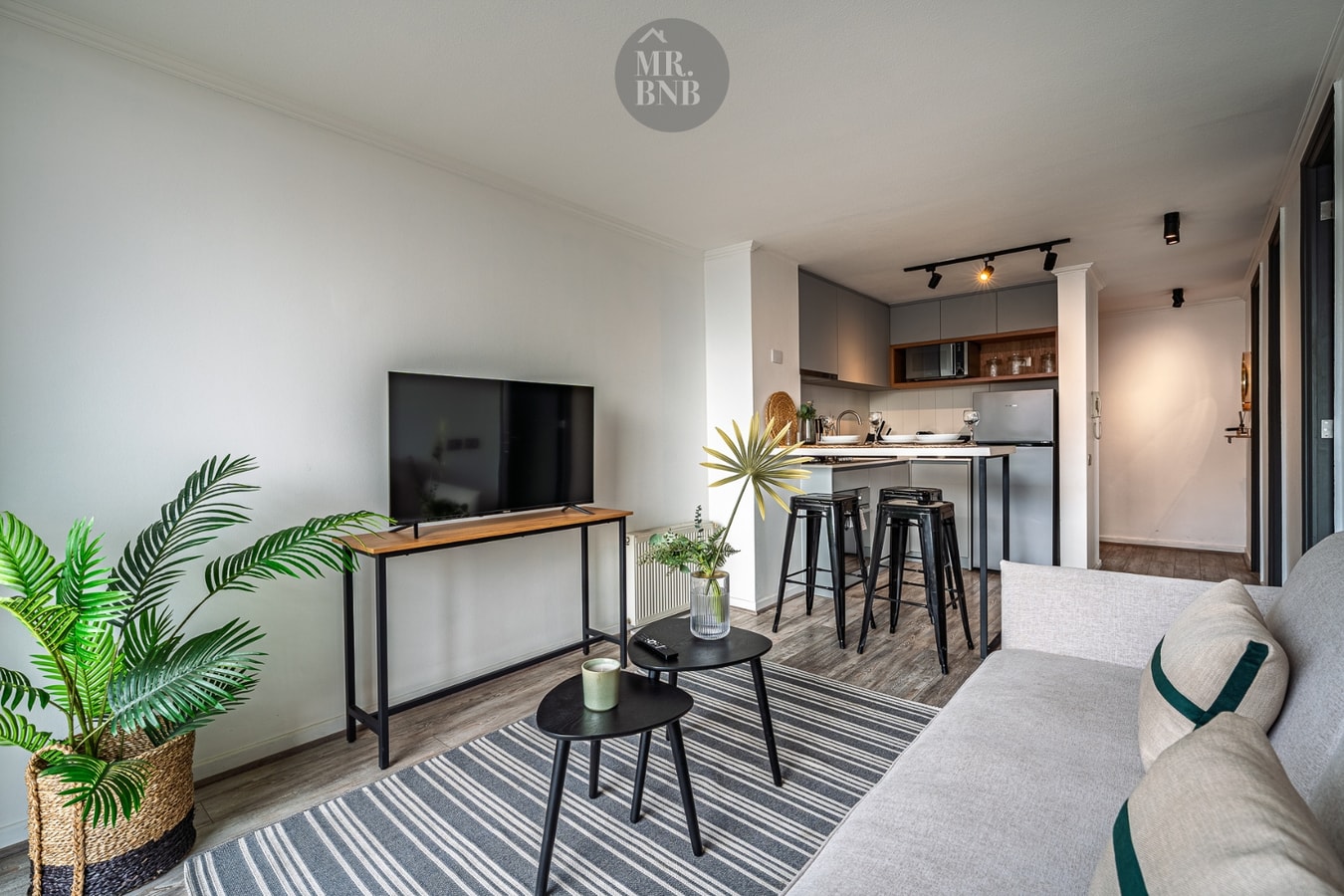 Living con sofá claro, televisor y plantas decorativas, con la cocina visible al fondo