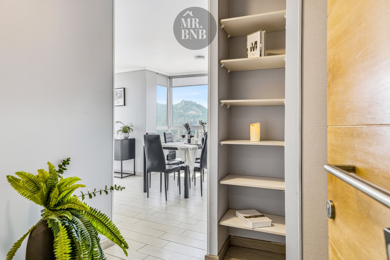 Pasillo con repisas decorativas, planta y vista hacia el comedor