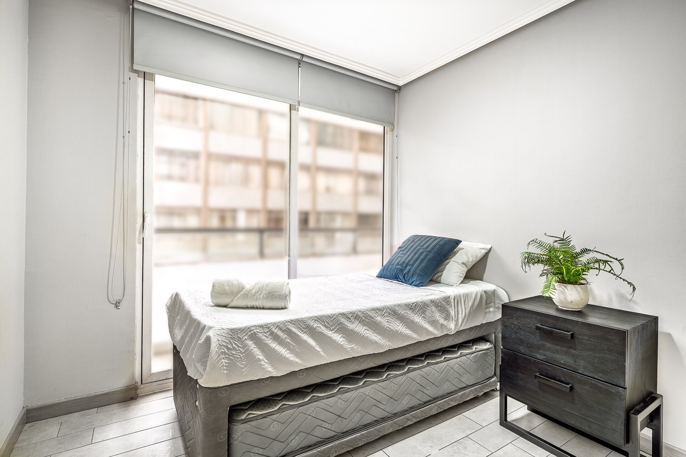 Dormitorio con cama individual, velador y planta junto a la ventana.
