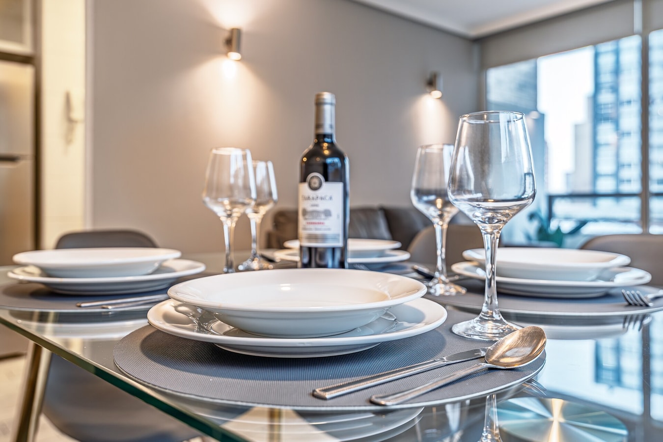 Mesa de comedor puesta con vino, copas y vajilla, junto a ventanal.