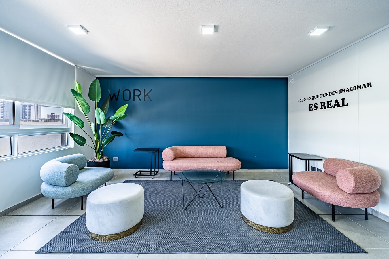 Living con sofás rosado y celeste, banca de centro, puf blancos, planta y frases decorativas en el muro azul.