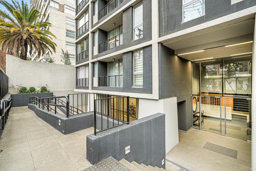 Patio de acceso del edificio visto desde la entrada, con escalera, palmera y la recepción vidriada al fondo
