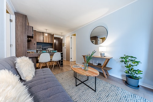 Living comedor con muebles oscuros, sofá y espejo redondo