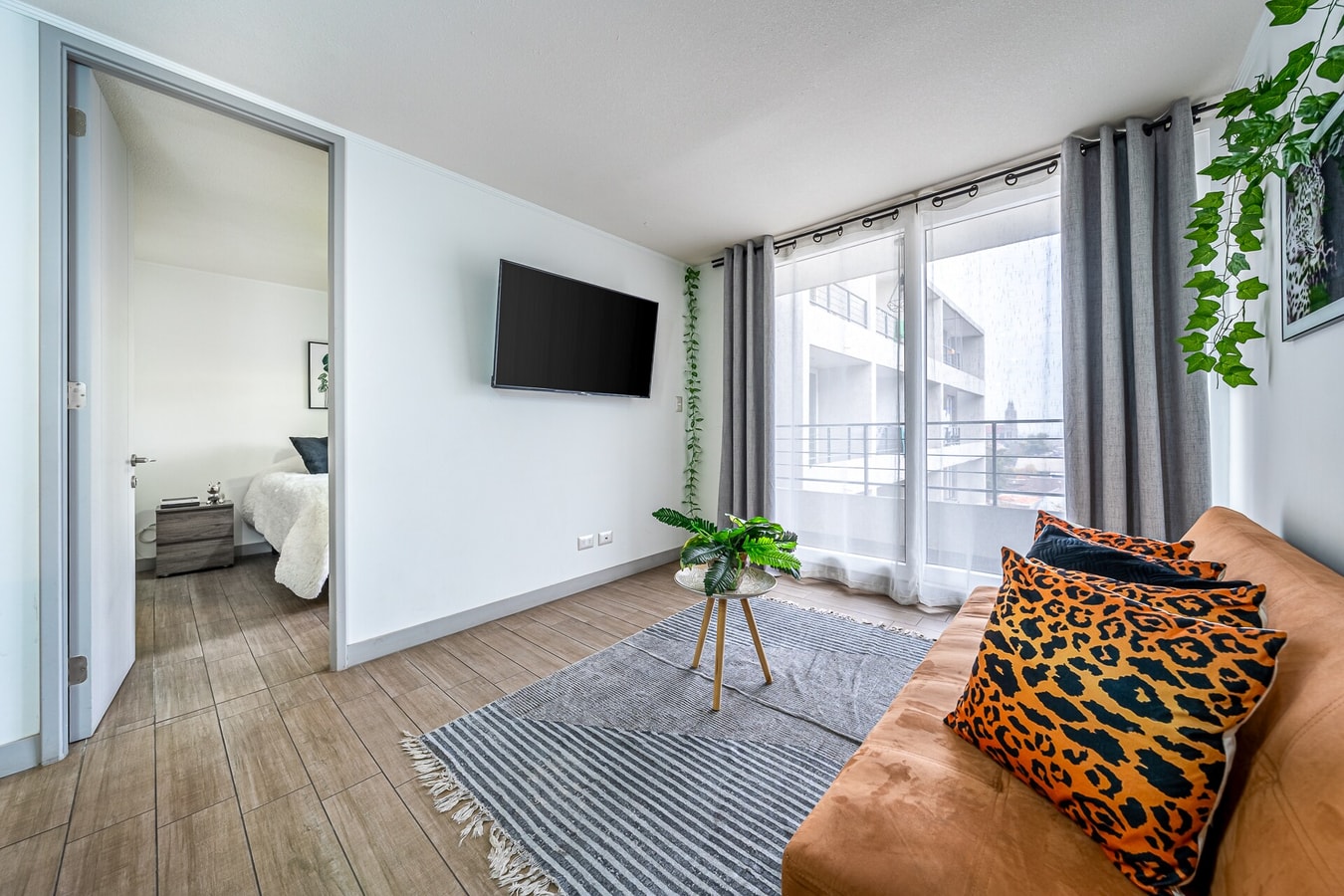 Living con sofá, televisor de pantalla plana, ventanal con cortinas grises y planta decorativa