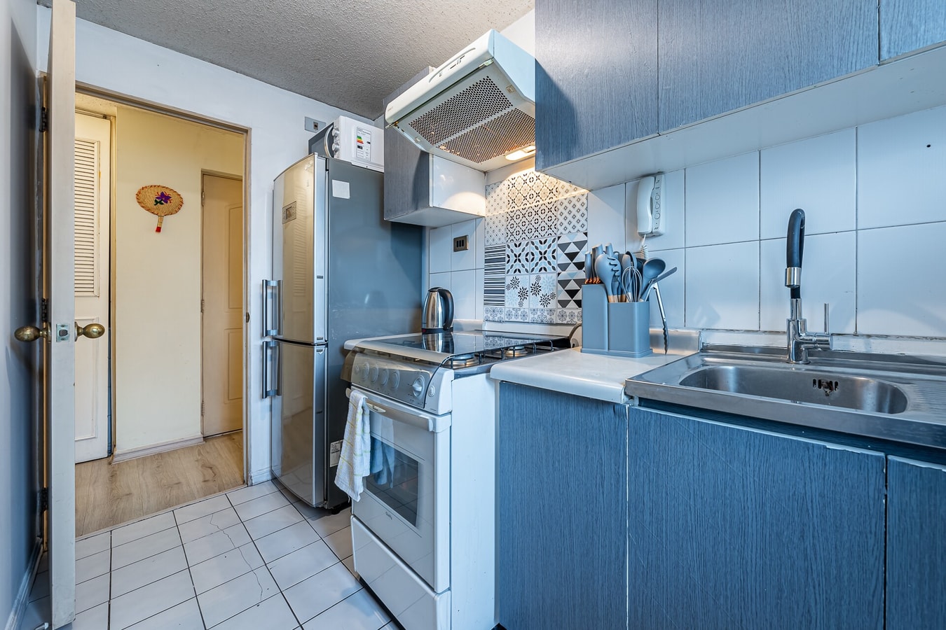 Cocina con refrigerador, horno, campana extractora y lavaplatos de acero, con acceso al pasillo de entrada.