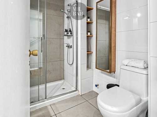 Baño con ducha de vidrio, inodoro, repisas y espejo