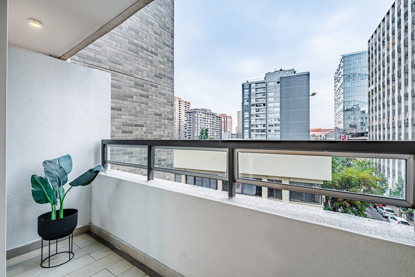 Balcón con maceta y vista a los edificios y calles del entorno.