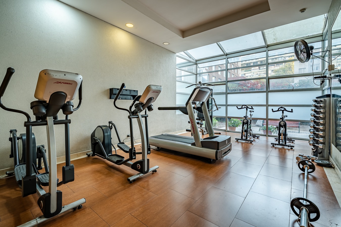 Gimnasio del edificio con máquinas cardiovasculares y ventanales.
