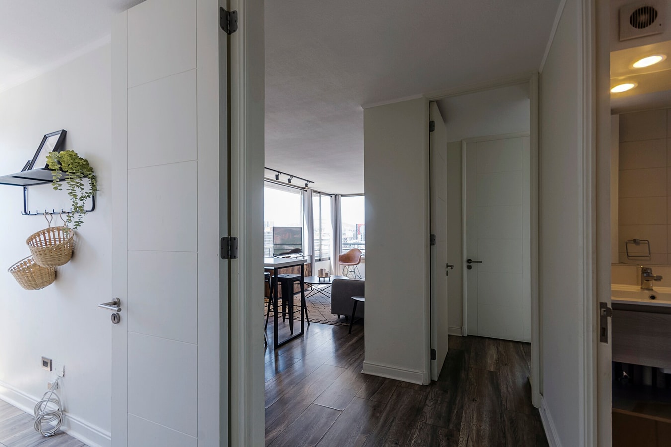 Pasillo interior con puertas hacia el living y el dormitorio, repisa con planta