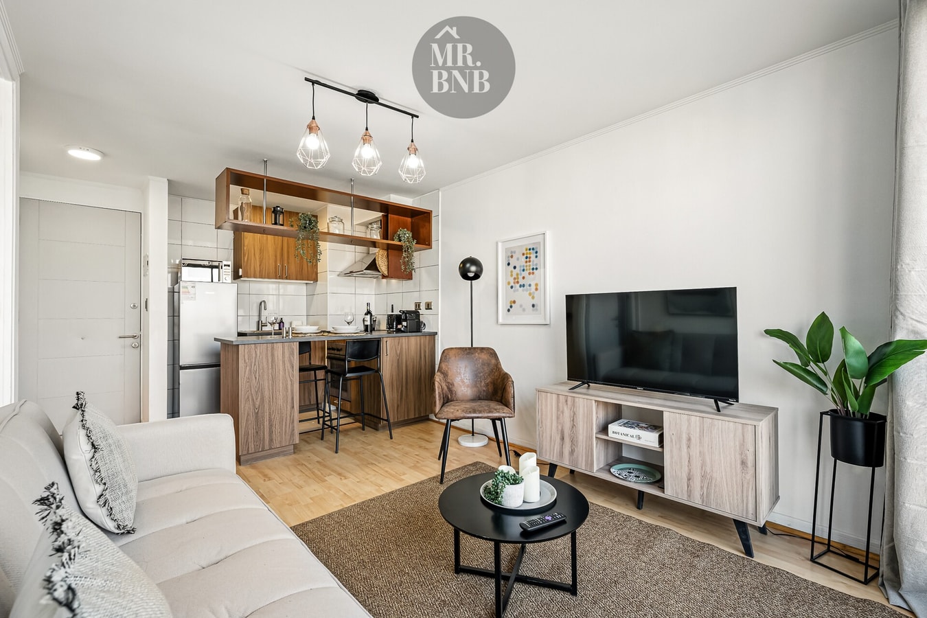 Living comedor con cocina americana en madera, sofá y televisor