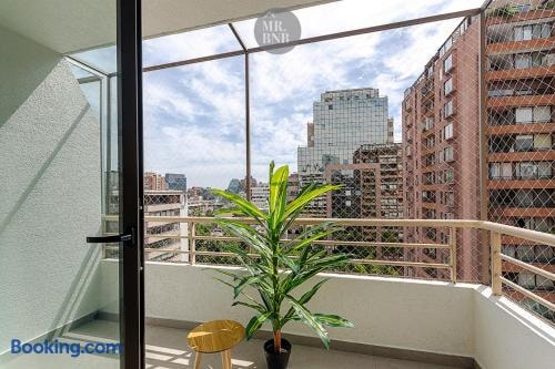 Balcón con vista a edificios y maceta con planta, puerta de acceso al lado.